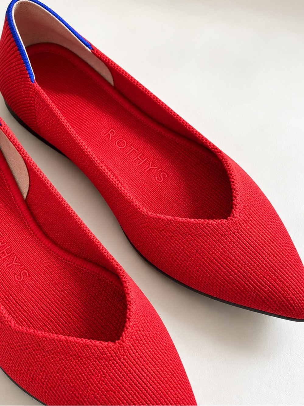 Rothy's Red Knit Ballet Flats with Blue Trim